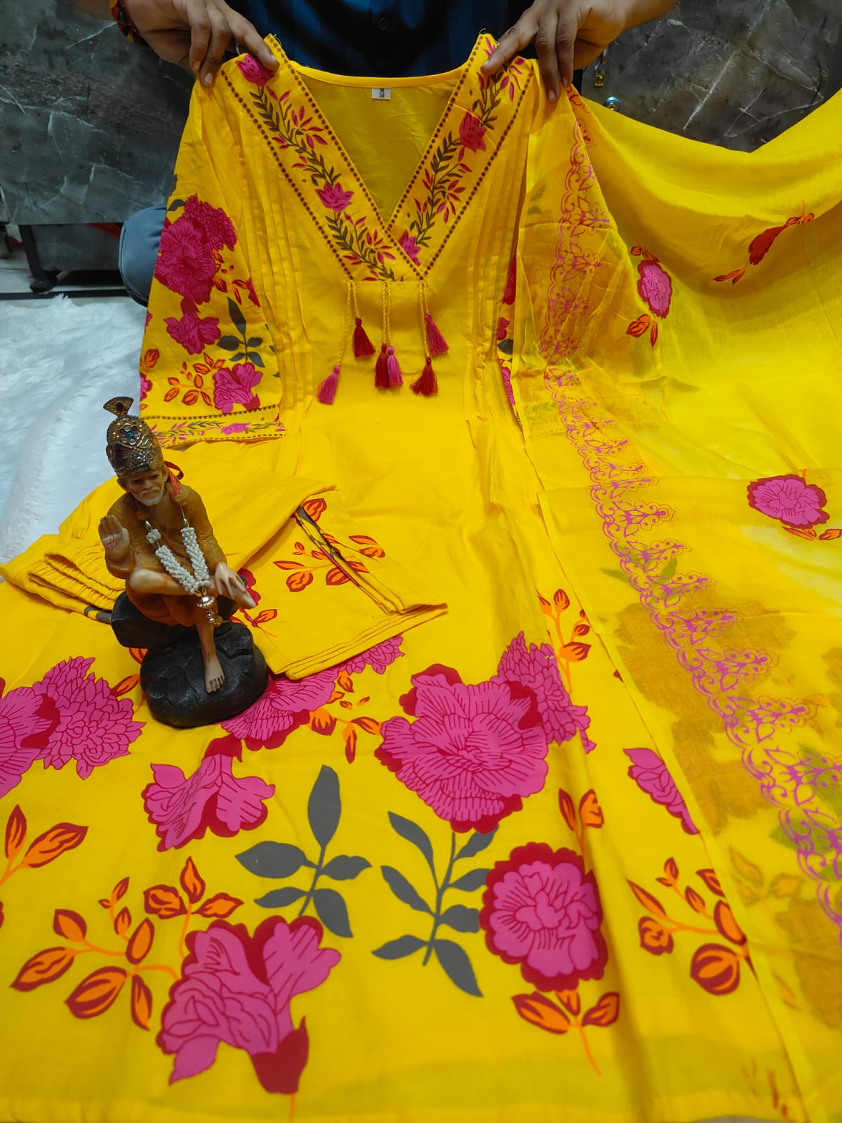 yellow cotton floral printed Anarkali kurta set