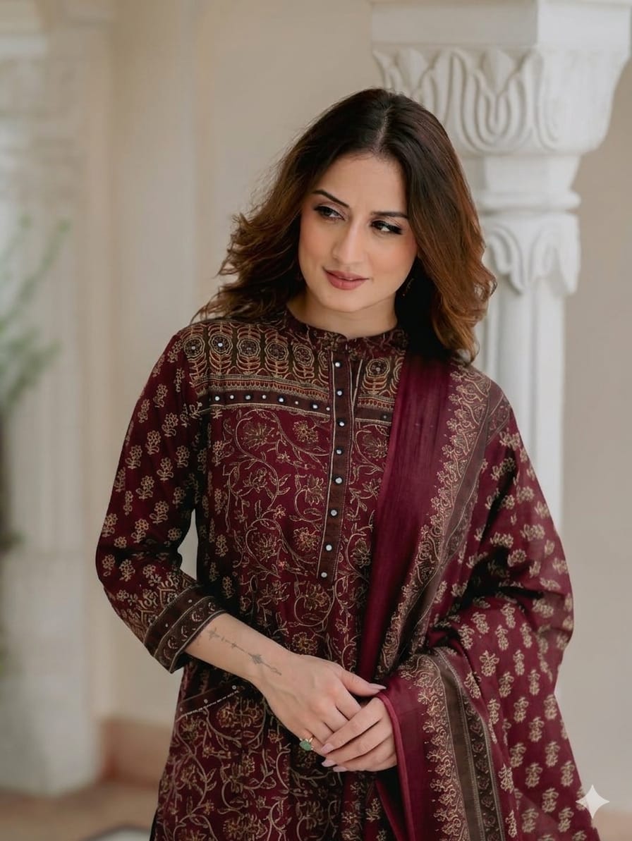 Rayon maroon kurta palazzo dupatta set with a printed