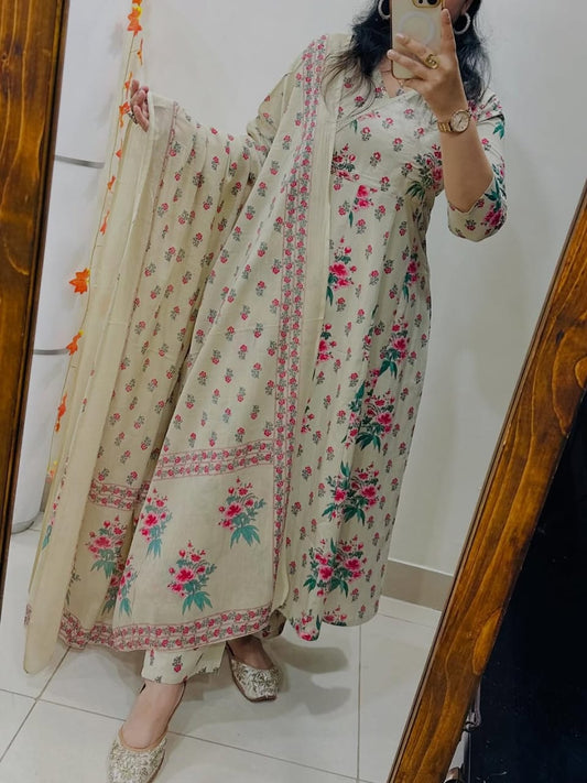 White Jaipuri Floral Print Idaho Pattern Suit