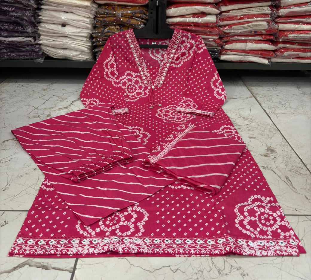 Red bandhej kurti pant