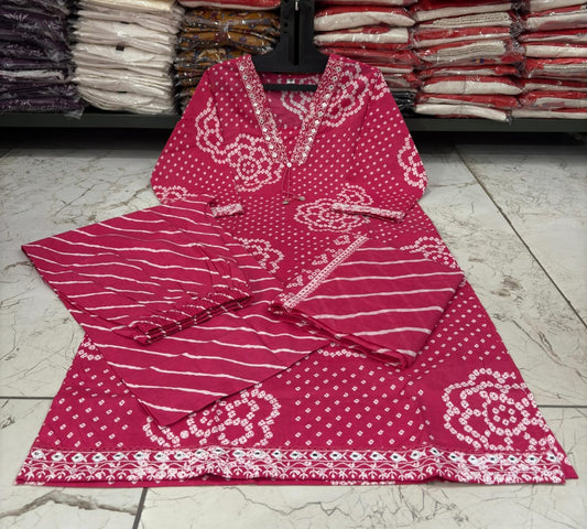 Red bandhej kurti pant