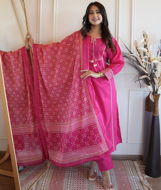 Pure red cotton Kurti pant with hand work