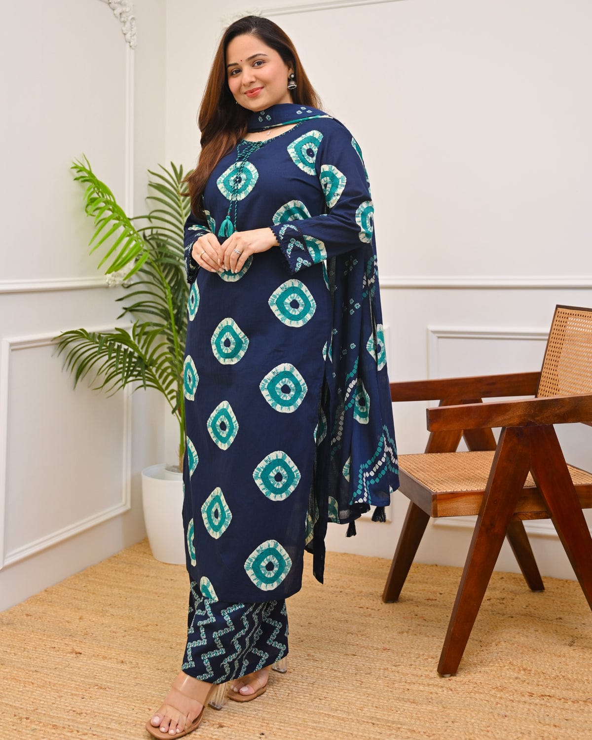 blue premium cotton Bandhej tie-dye suit set