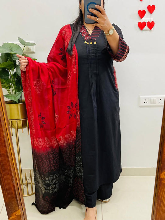 Black kurti pant with neck work printed dupatta
