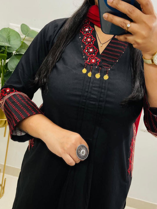 Black kurti pant with neck work printed dupatta