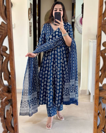Blue Cotton Suits With Cotton Dupatta
