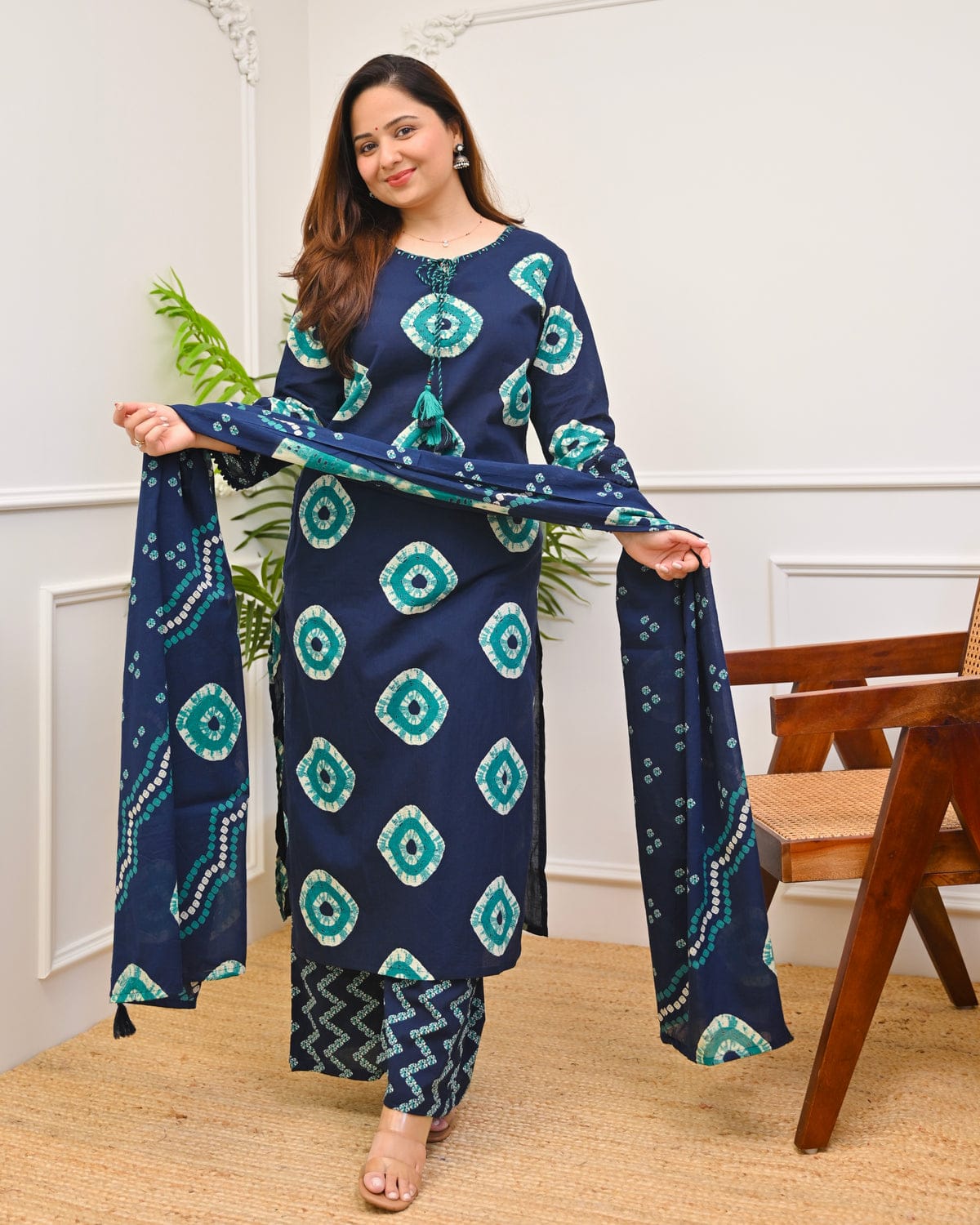 blue premium cotton Bandhej tie-dye suit set