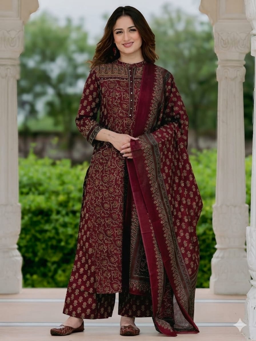 Rayon maroon kurta palazzo dupatta set with a printed