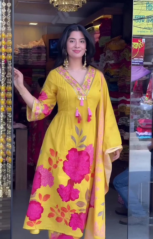 yellow cotton floral printed Anarkali kurta set