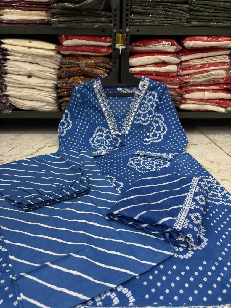 Blue bandhej print cotton kurti pant