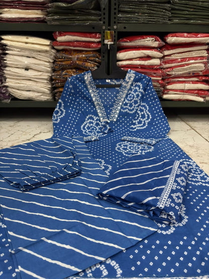 Blue bandhej print cotton kurti pant
