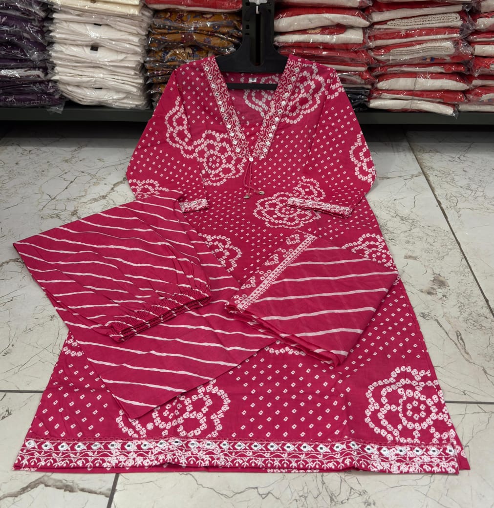 Red bandhej kurti pant