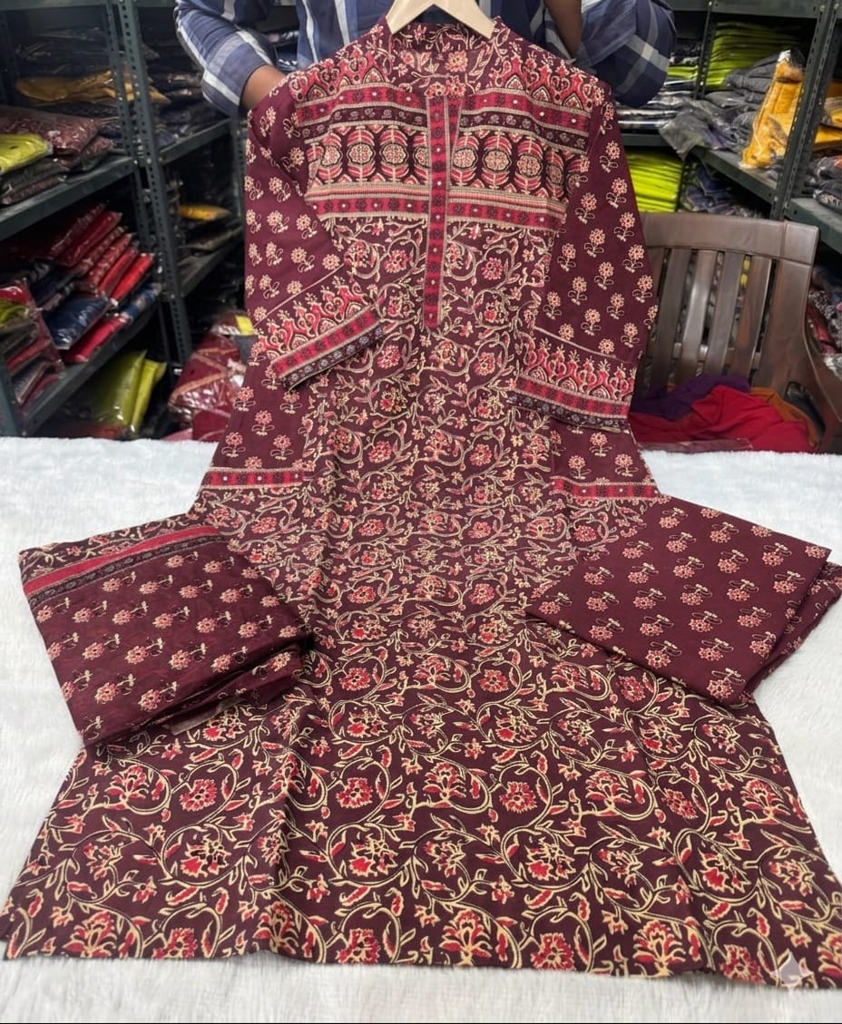 Rayon maroon kurta palazzo dupatta set with a printed