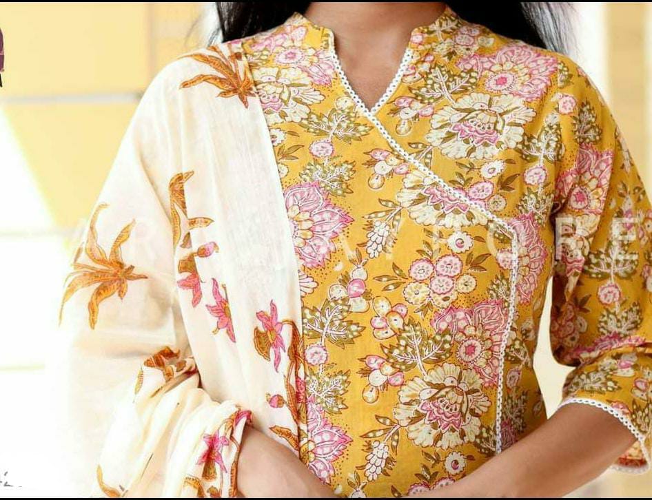 Yellow floral rayon printed kurta set