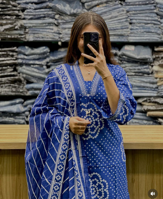 Blue bandhej print cotton kurti pant