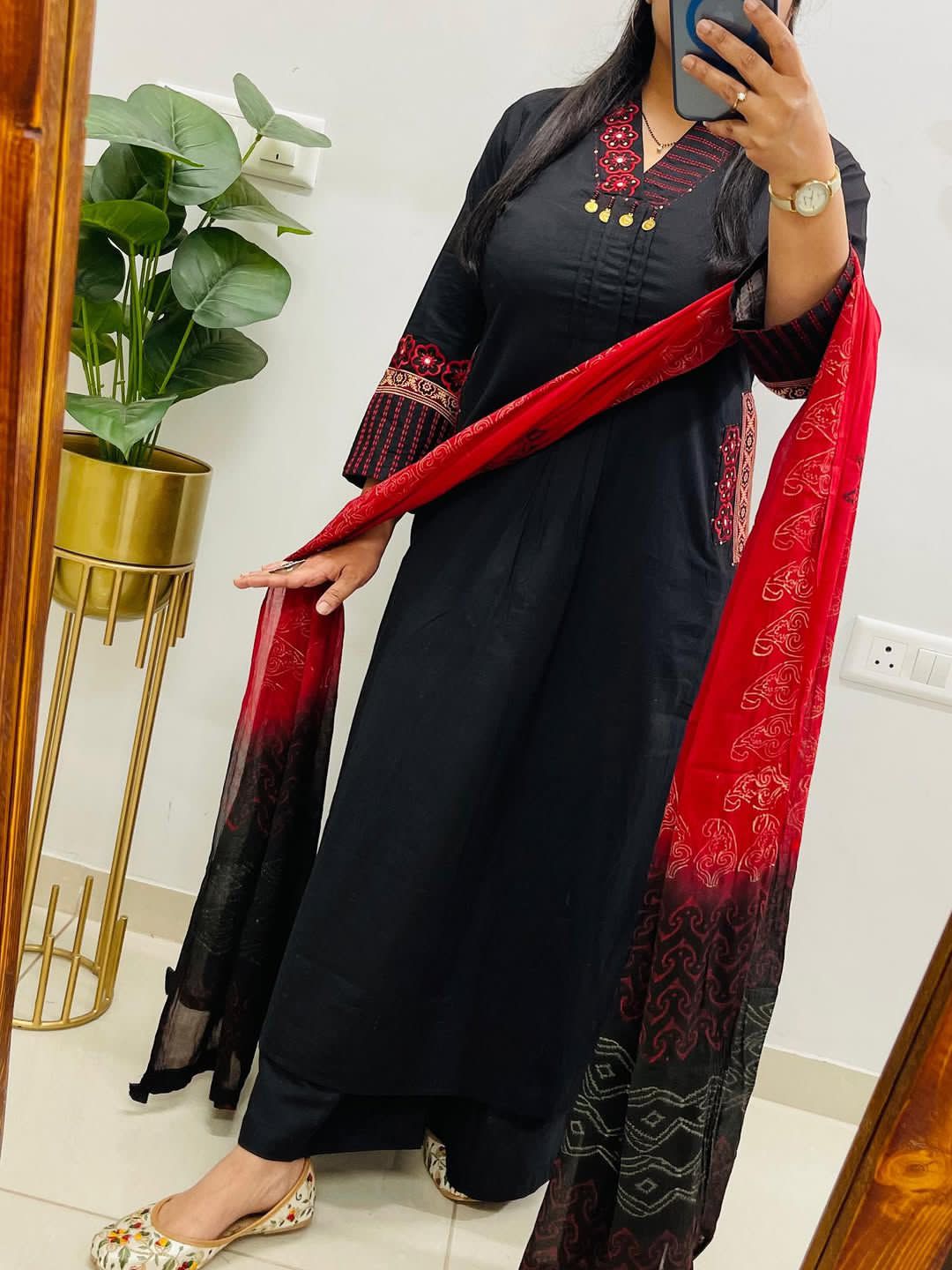 Black kurti pant with neck work printed dupatta