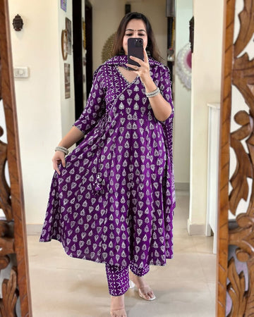 Purple Flower Print Kurti Pant