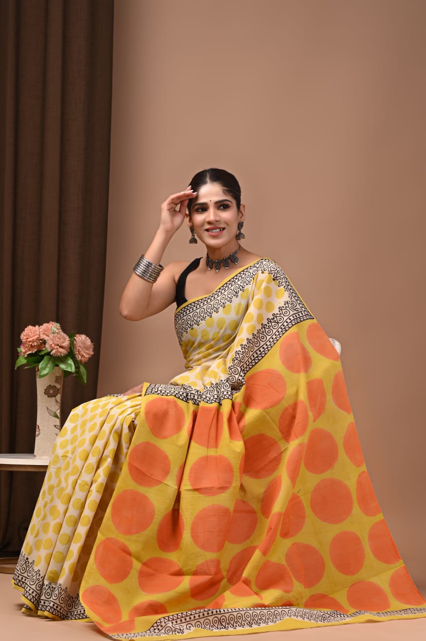 Cotton mul saree with fine artisanal handcraft.