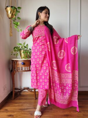 Stitched Pink Cotton Suits with Matching Dupatta