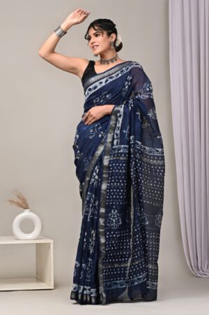 Hand block printed Maheswari silk sarees