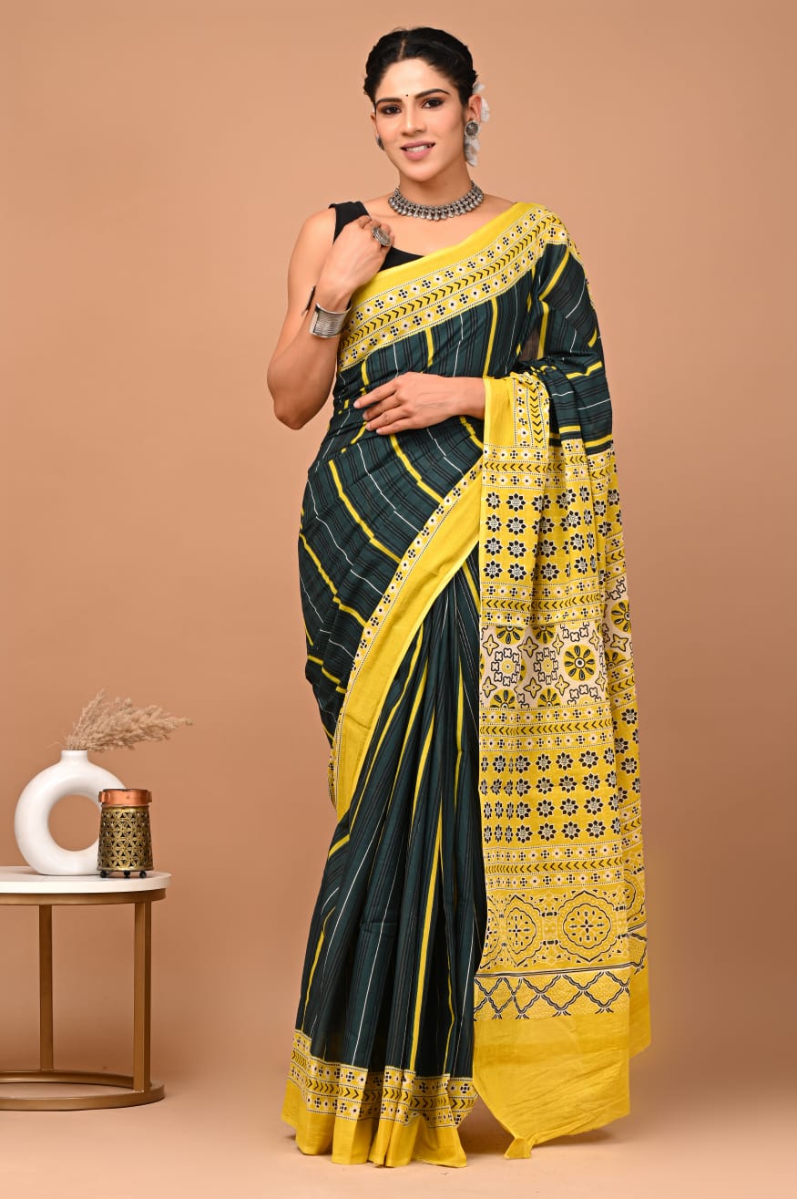 Black and Yellow Printed Silk Saree