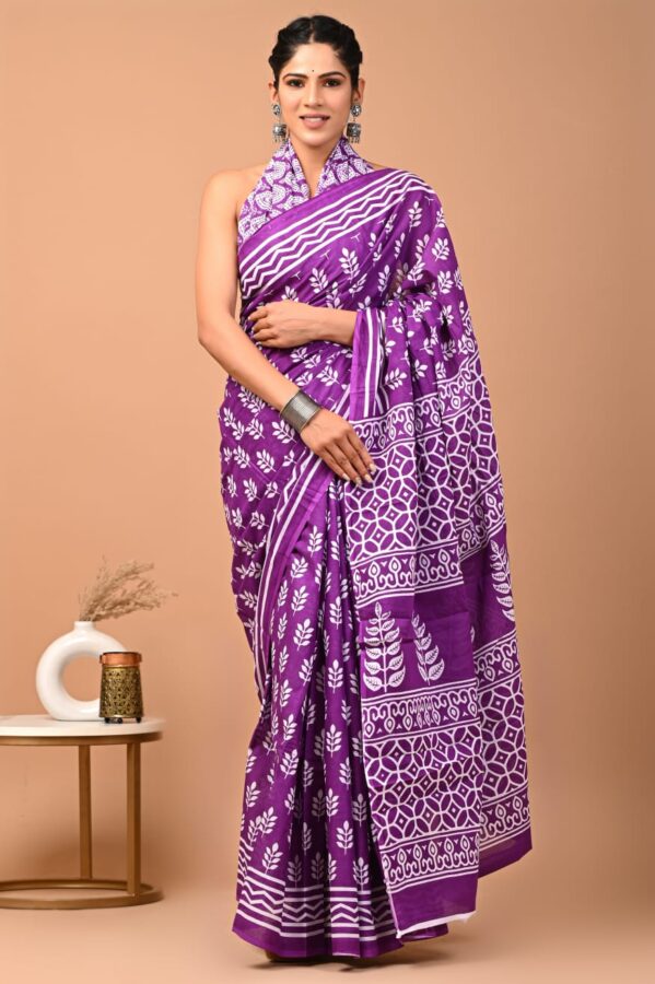 Purple and White Printed Cotton Saree