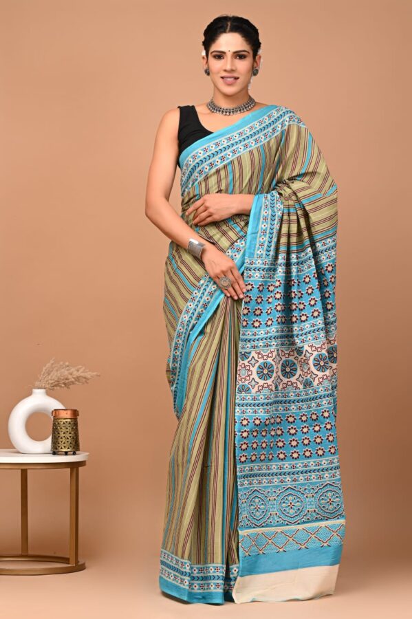 Striped Olive Green and Blue Printed Saree