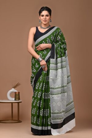 Green and Black Handloom Cotton Saree