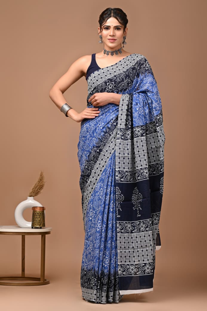 Blue and Black Printed Saree