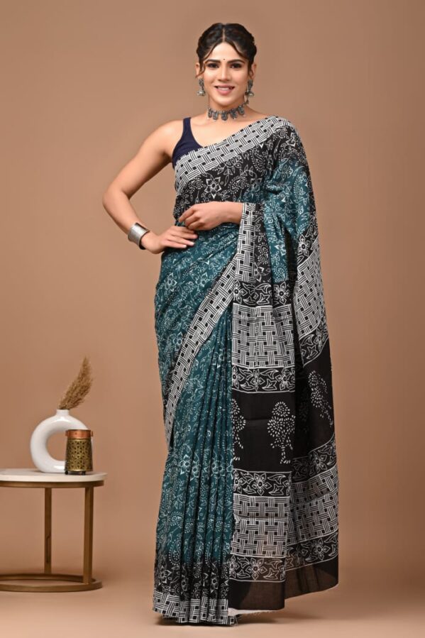 Black and Green Printed Cotton Saree