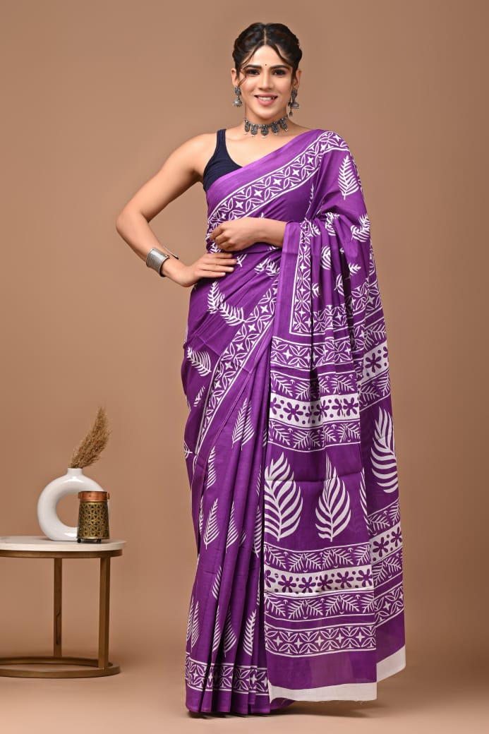 Handloom Cotton Saree in Purple and White