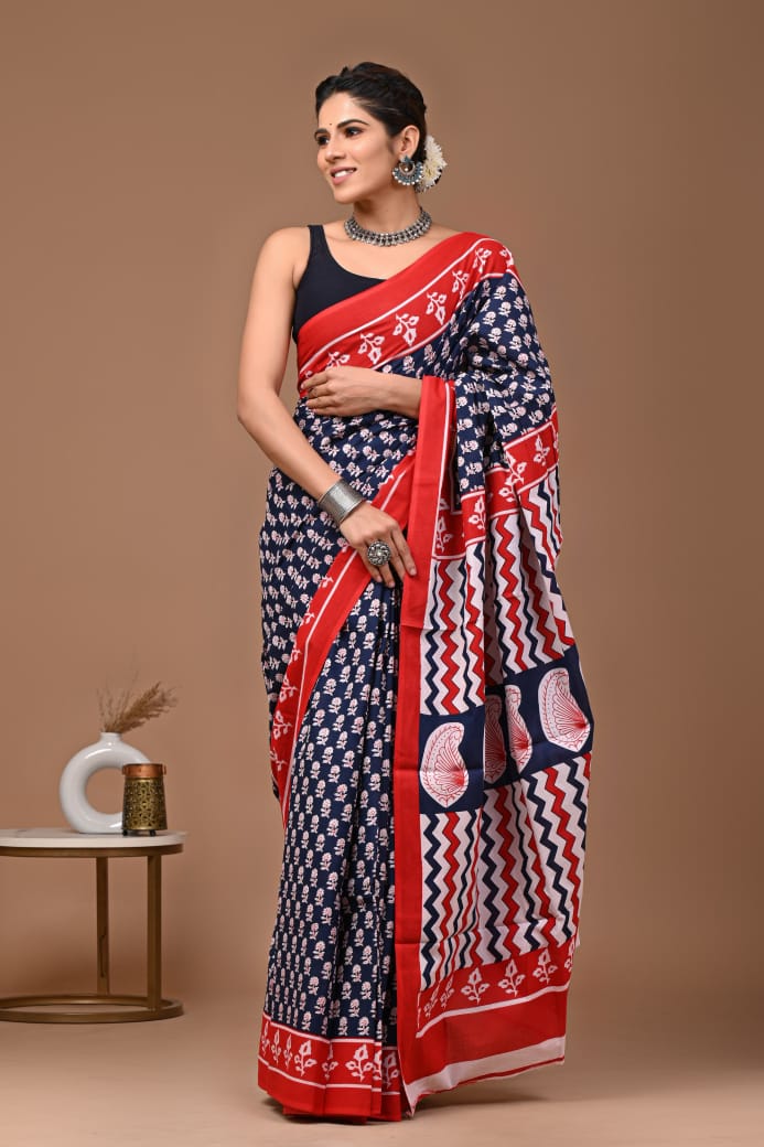 Navy Blue and Red Printed Cotton Saree