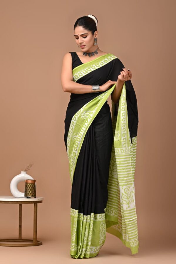 Elegant Black and Green Sari with Black Border