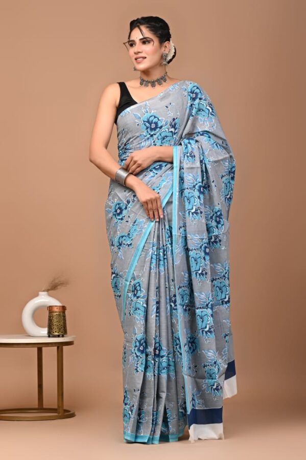 Blue Floral Printed Cotton Saree