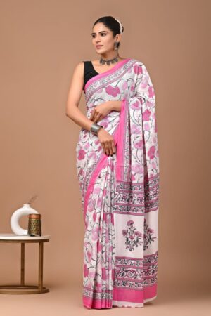 Pink and White Floral Print Saree