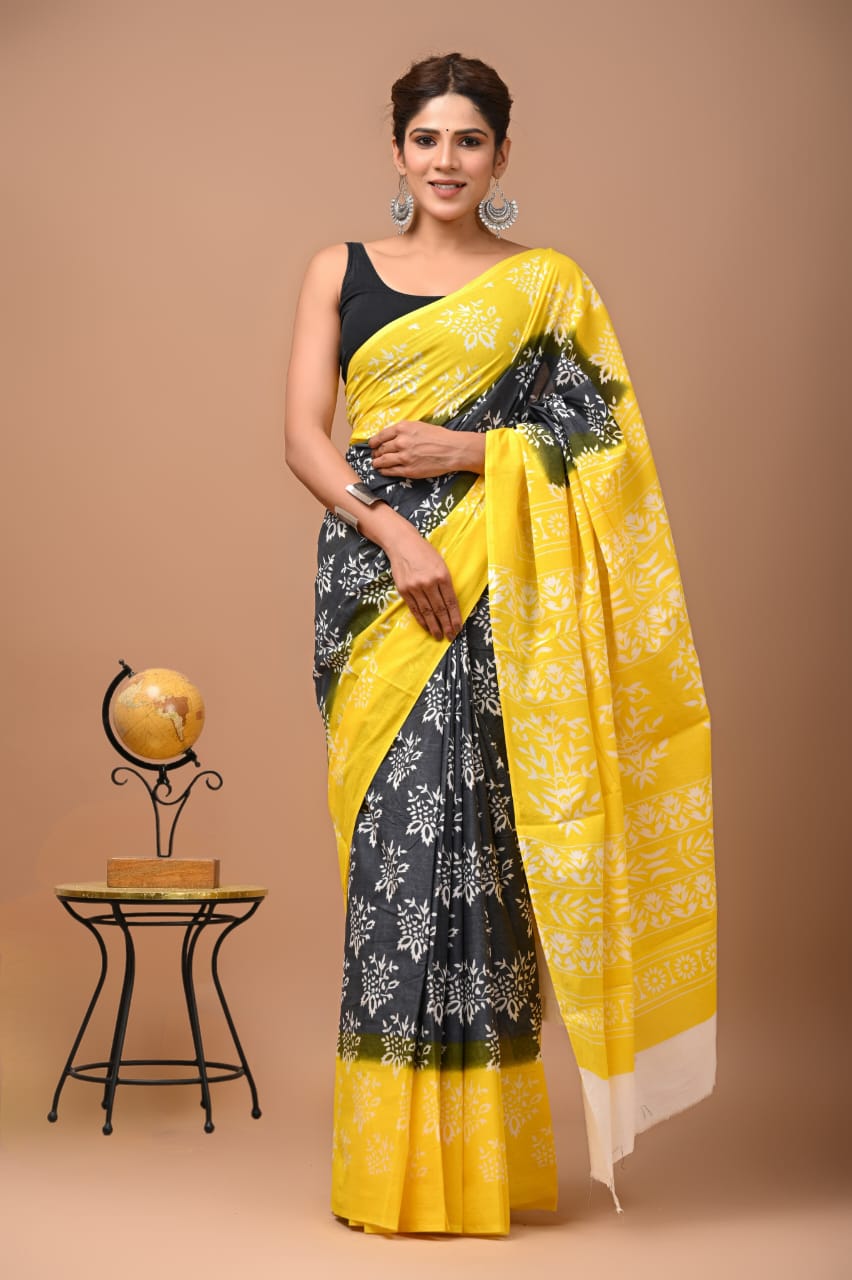 Yellow and Black Handloom Sari