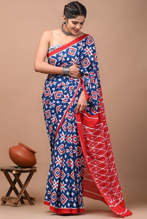 Blue and Red Geometric Printed Saree