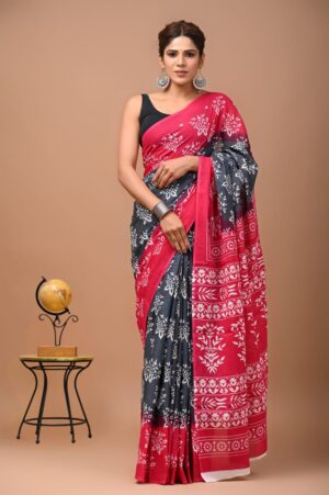 Elegant Red and Black Floral Motif Sari