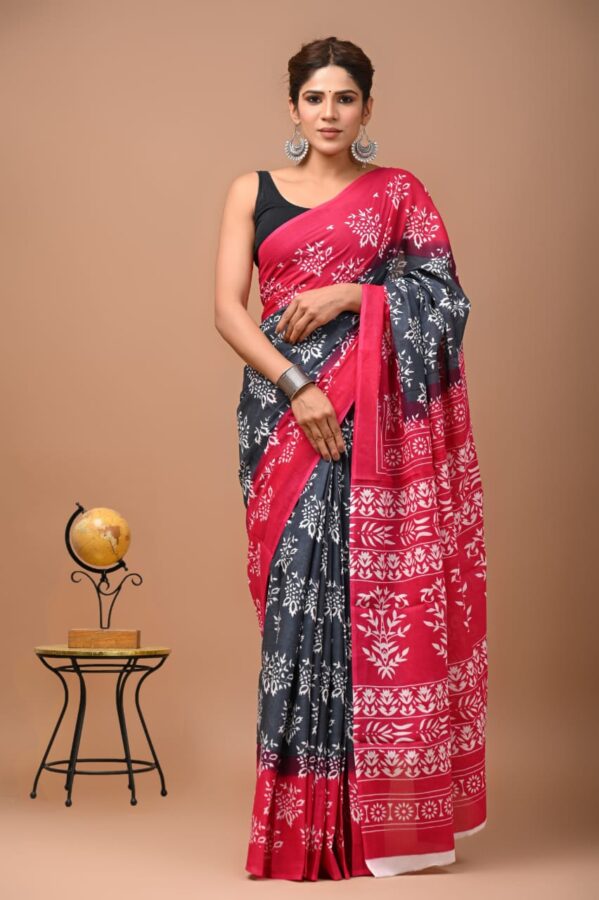 Red and Black Floral Motif Sari