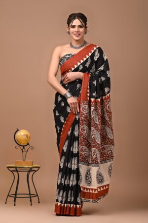 Black and White Printed Cotton Saree