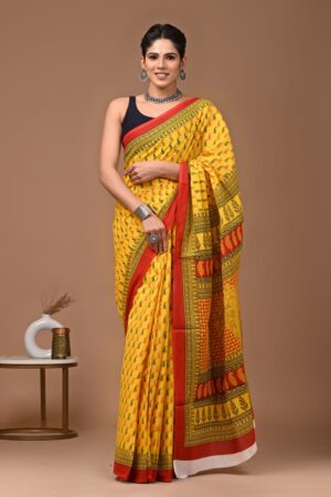 Yellow Cotton Saree with Red Border